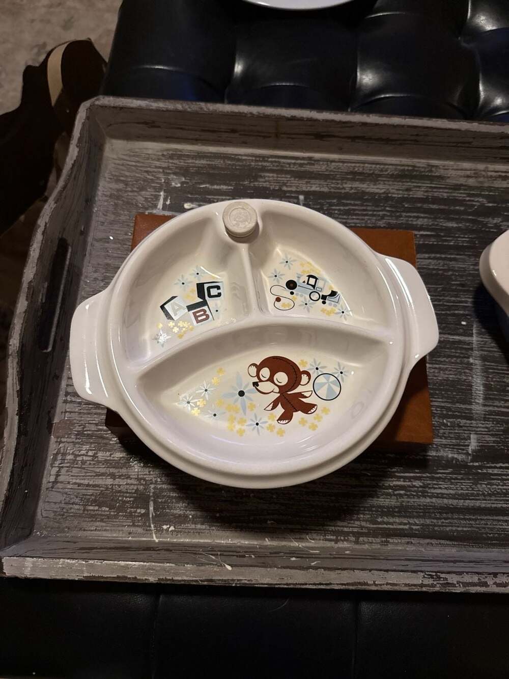 Vintage 1940s Excello Ceramic Child's Divided Warming Plate with Monkey, Train,